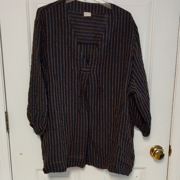 Poetry Tops - Poetry Tunic Top Linen V-Neck Striped Shirt Women 18 Black Copper Pinstripe